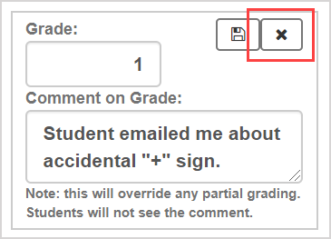 The cancel button to cancel overriding the overall grade is highlighted beside the save overall grade button.